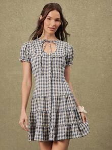 WESTFADE Vestido corto de mujer con mangas abullonadas, volantes, botones y cintura baja con volantes en estampado de cuadros - Azul y blanco - Ver 4