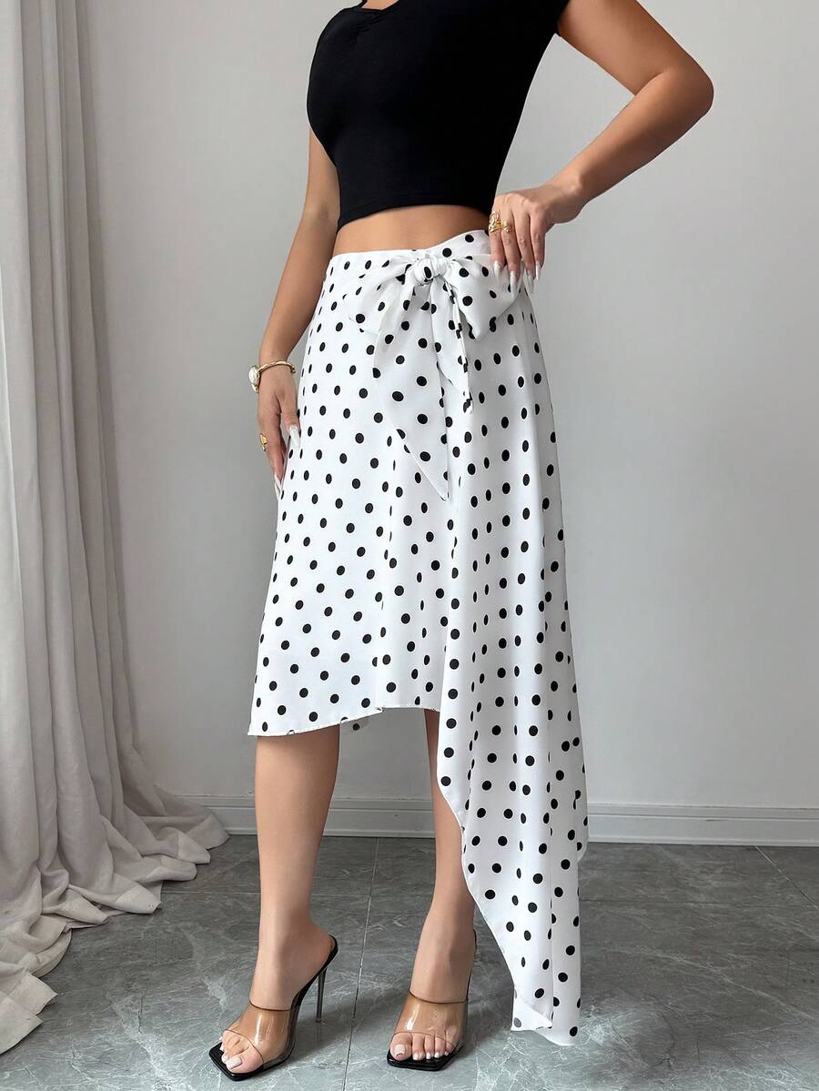 Modelyn Women's Polka Dot Tie Waist Casual Versatile Date Night Skirt - White - View 1