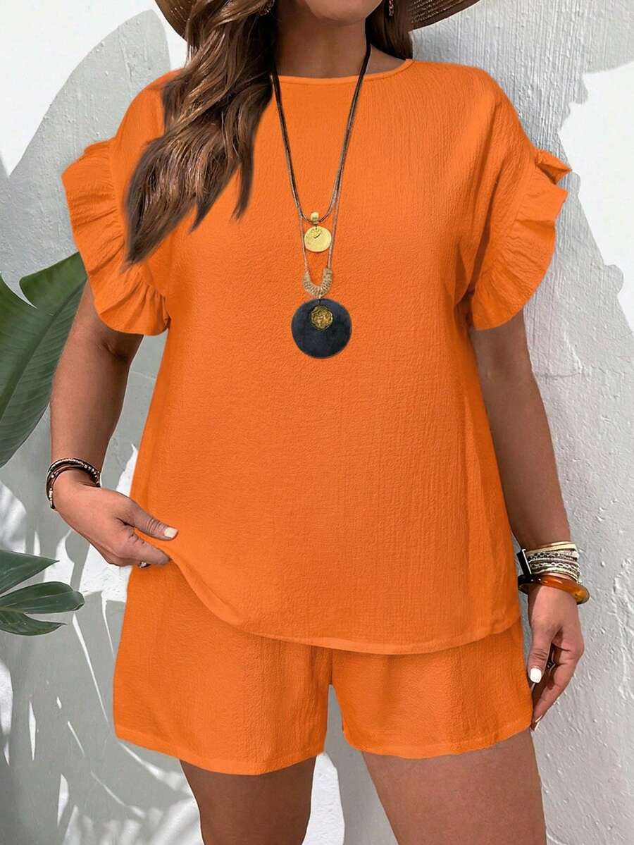 EMERY ROSE Conjunto de 2 piezas de top y shorts de unicolor casual de verano para mujer de talla grande - Naranja - Ver 1