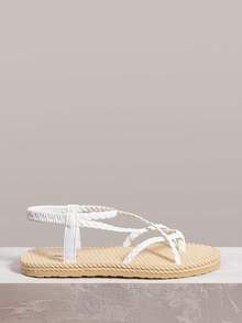 Styleloop Sandal đế bằng nữ dệt kim có khóa cài, màu đen, đế kiểu dây thừng, thiết kế xỏ ngón, kiểu buộc dây La Mã, mang đến không khí nghỉ lễ, phù hợp cho mùa hè, đồ dùng cần thiết khi đi du lịch. - trắng - Xem 1