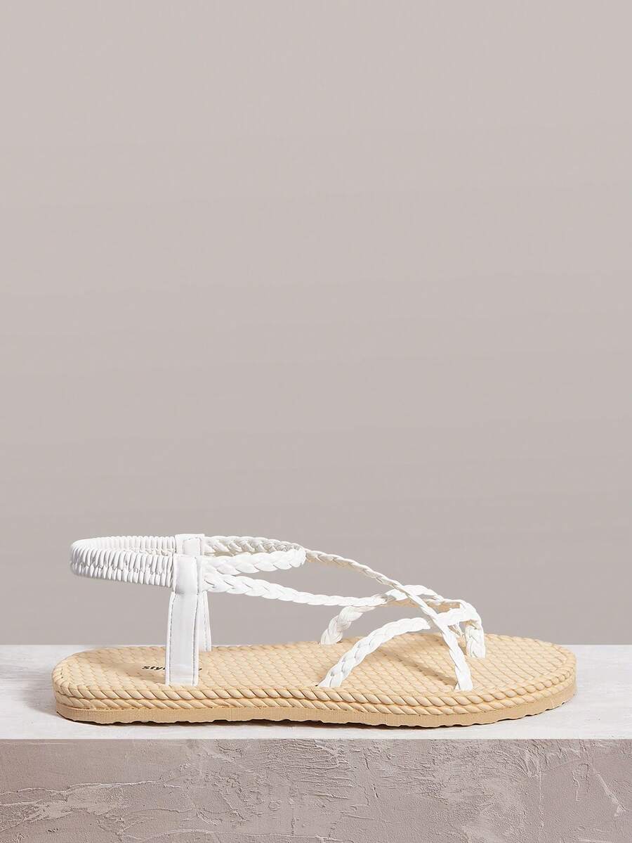 Styleloop Sandal đế bằng nữ dệt kim có khóa cài, màu đen, đế kiểu dây thừng, thiết kế xỏ ngón, kiểu buộc dây La Mã, mang đến không khí nghỉ lễ, phù hợp cho mùa hè, đồ dùng cần thiết khi đi du lịch. - trắng - Xem 1