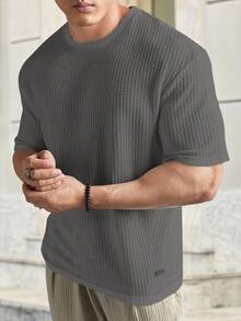 Manfinity RebelGame Loose Fit Men's Letter Patched Waffle Knit T-Shirt - Dark Grey - View 1