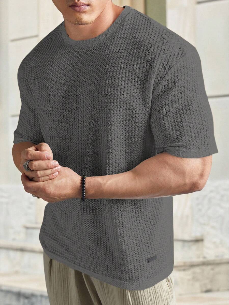 Manfinity RebelGame Loose Fit Men's Letter Patched Waffle Knit T-Shirt - Dark Grey - View 1