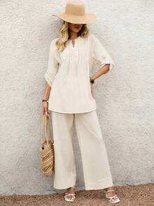 EMERY ROSE Women's Casual Solid Color Notched Neck Loose Top And Wide Leg Pants 2 Pieces Set,Summer Outfits For Women - Beige - View 7