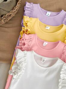 LMoss Kids 4pcs/Set Young Girl Casual Solid Color T-Shirts - Multicolor - View 3