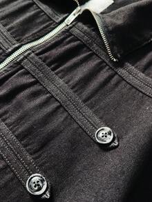 ROMWE MEN Kemeja Denim Lengan Pendek Resleting untuk Pria, Pakaian Musim Panas Serbaguna - Hitam - View 6