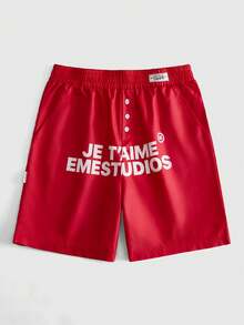 ROMWE MEN Street Life Men's Letter Print Elastic Waist Casual Shorts - Red - View 1