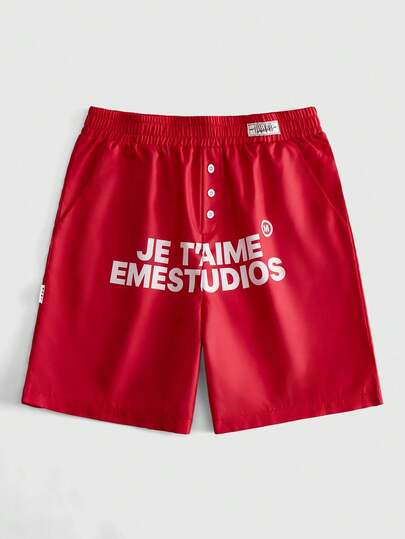 ROMWE MEN Street Life Men's Letter Print Elastic Waist Casual Shorts