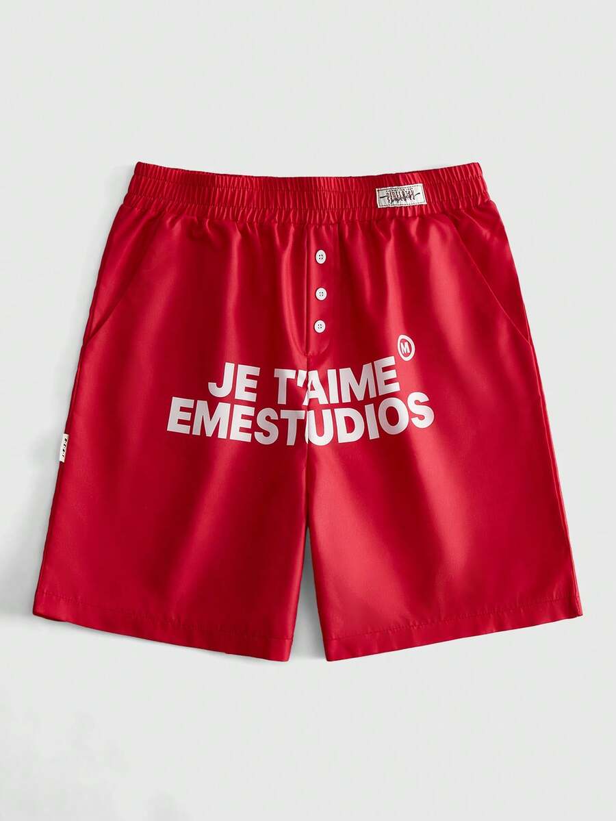 ROMWE MEN Street Life Men's Letter Print Elastic Waist Casual Shorts - Red - View 1
