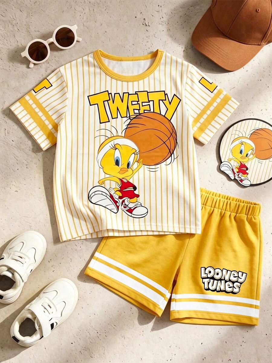 LOONEY TUNES X SHEIN GraphicGems 男童休闲运动时尚街头日常通勤卡通条纹印花短袖T恤短裤套装,夏季 - 黃色 - 查看 1