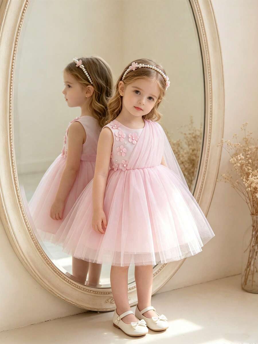 Glamorique Kids 女婴粉色薄纱连衣裙，饰有3D立体花朵串珠，无袖公主裙，适合生日、婚礼、舞台表演、派对、度假等场合，四季皆宜。