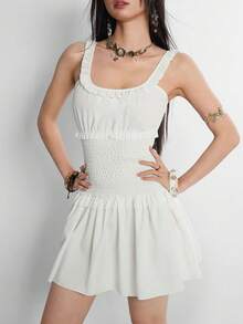 INAWLY 2026 Summer New Arrival Minimalist Basic Slim Fit Solid Color Dress For Women White One Piece Picnic Golf Dresses - White - View 6