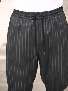 Manfinity Homme Celana Panjang Bergaris Kasual Pria, Celana Modis - asap abu-abu - View 3