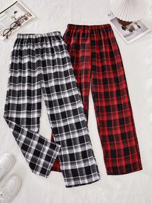 Casuvi Kids Pantalones largos casuales clásicos a cuadros para adolescentes, pantalones de pierna recta con cintura elástica en cuadros negro & blanco / rojo & negro, estilo casual cómodo y versátil - Multicolor - Ver 6