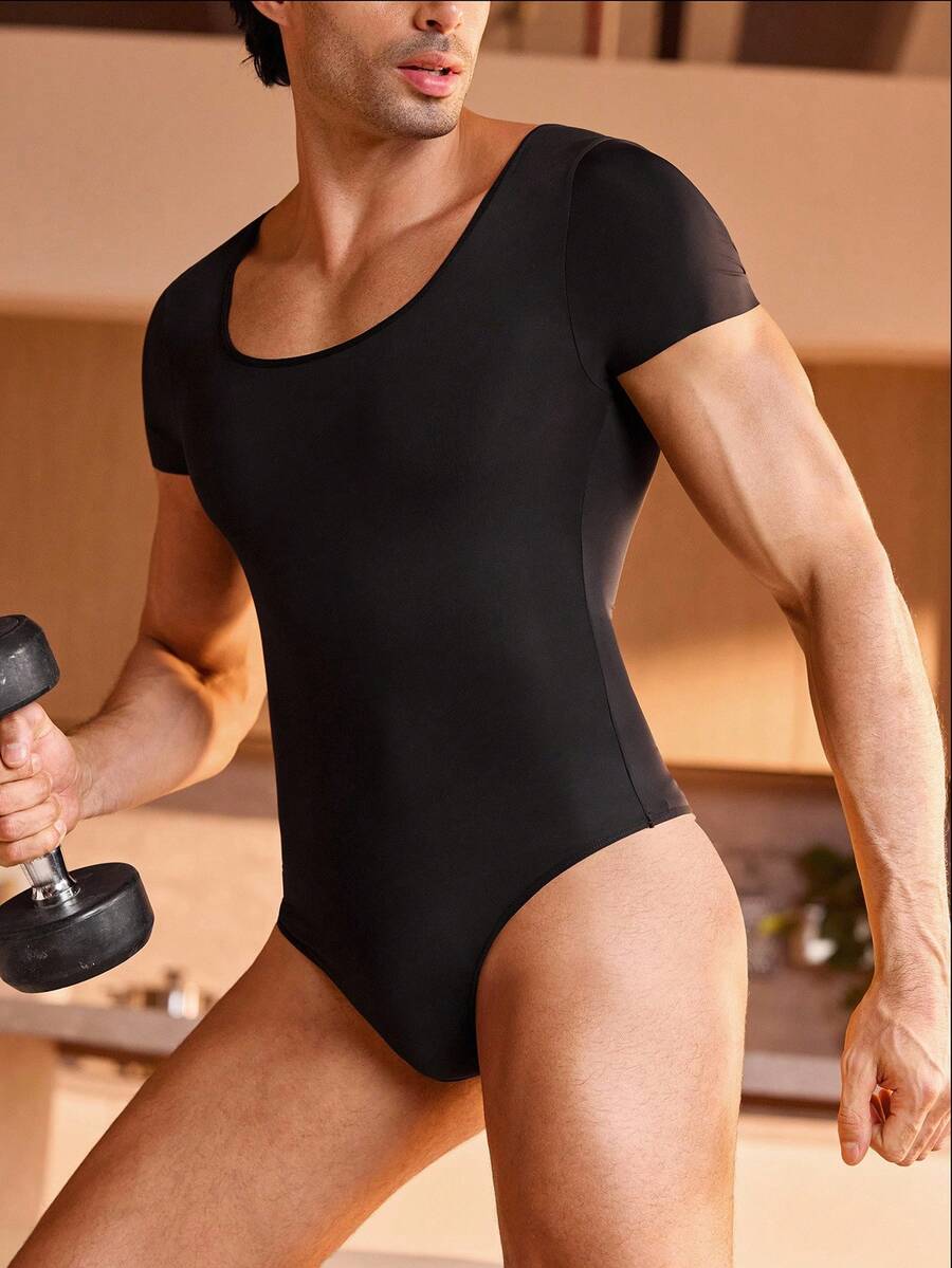 SHEIN 男士纯色圆领塑身衣 - 黑色 - 查看 1