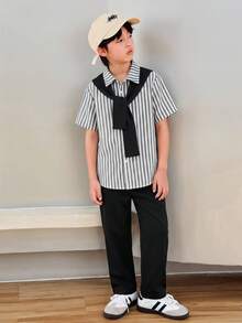 3pcs Kid Boy Casual Conservative Striped Polo Collar Short Sleeve Shirt, Solid Color Straight Leg Pants And Shawl Collar Jacket Outfit Set - Black - View 2