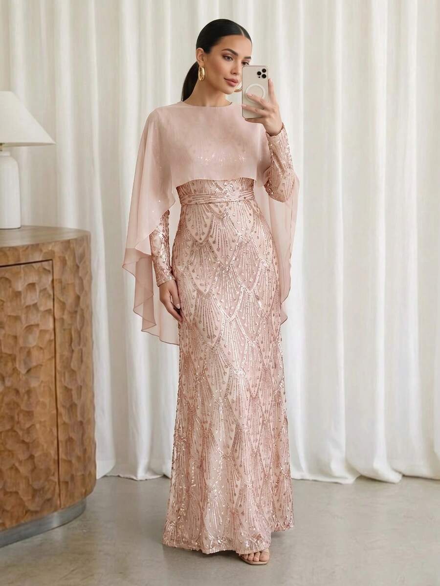 Modelyn 女士亮片拼布荷叶边下摆正式晚礼服,时尚休闲亮片拼布收腰修身连衣裙,适合派对、婚礼嘉宾、开幕式等场合。腰带可拆卸,上身雪纺面料拼接设计,时尚休闲,修身高贵。派对礼服 - 香檳色 - 查看 1