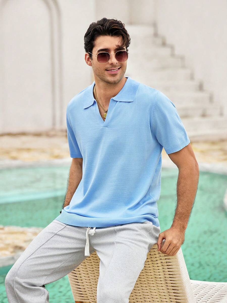 Mercer Haus Men Solid Short Sleeve Knit Top - Baby Blue - View 1