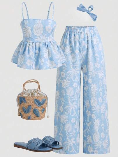 Girlism Tween Girl Vacation Textured Tropical Plant Print Camisole And Casual Pants Set
