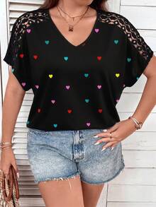 SHEIN LUNE Kaos Plus Size Motif Hati Berwarna-warni dan Ceria dengan Patchwork Renda, Cocok untuk Hari Ibu - MultiWarna - View 6
