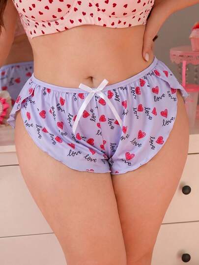 PetitDoll Plus Size Women Comfortable Home Pink Love Heart Valentine's Day Series Side Slit Panties