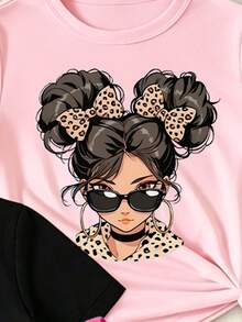 6pcs/Set Girls' Cute Leopard Print,Heart & Bow Graphic Short T-Shirt And Bike Shorts Outfits,Light Pink Summer Back-To-School School Casual Clothes - Multicolor - View 6