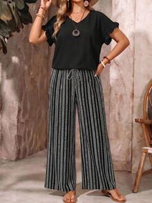 EMERY ROSE 2pcs/Set Plus Size Women Summer Solid Ruffle Trim Top And Striped Print Casual Pants Set - Multicolor - View 4