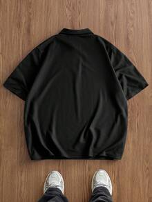EASEVO 男士大尺碼休閒寬鬆短袖 Polo 衫，黑色刺繡與數位印花，適合夏季、度假、父親節禮物、足球 - 黑色 - 查看 2