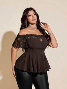 Viva Relle Plus Size Sexy Lace Patchwork Off Shoulder Black Slim Fit Blouse - Coffee Brown - View 4