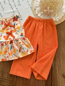 SHEIN Bộ đồ bé gái dễ thương gồm áo tank top không tay cổ tròn in hoa màu mơ, có bèo nhún ở gấu và áo dài vừa phải. - Nhiều màu - Xem 8