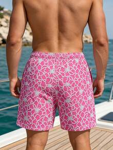 Manfinity Swimmode Celana Pendek Pria Warna Pink untuk Liburan Musim Panas Gaya Boho di Pantai dengan Motif Bunga dan Tali Serut, Set Pakaian Renang Pasangan, Baju Renang Liburan Tropis Hawaii - MultiWarna - View 3