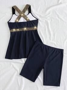 Swim Lushoire Plus Size Contrast Color Halter Bikini - Navy Blue - View 5