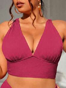 Swim Lushoire Plus Size Solid Color Swimwear Top - Red - View 4