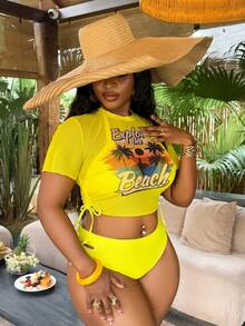 Slaydiva 2026 New Summer Vacation Stylish 3 PiecesPlus Size Swimwear Set, Eye-Catching Party - Yellow - View 3