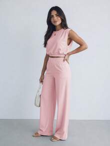 Set Of Two-Piece Sleeveless Short Top, Wide Pants For Summer. - 粉色 - 查看 3
