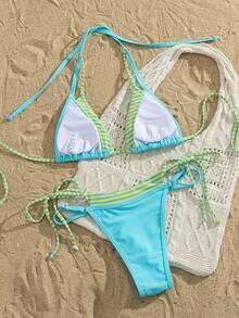 Swim Mod 2026 Spring/Summer New Fashion Blue Solid Color Casual Sequin Tropical Backless Halter Bikini 2-Piece Swimwear Set Beach Vacation - Mint Blue - View 3