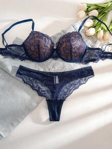 DesireSculpt 2pcs/Set Women Lace Patchwork Underwire Bra Set - Navy Blue - View 4