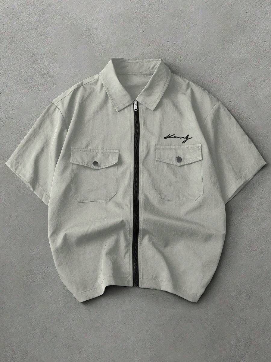 PAVTROS Men's Versatile Zip-Front Letter Print Pocket Shirt - Gray green - View 1