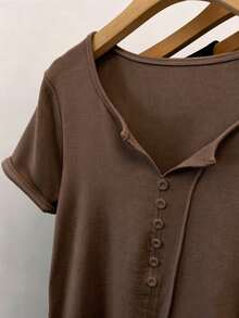 Resyla Plus Size Women Fashion Casual Retro Minimalist Romantic Button-Up T-Shirt - Coffee Brown - View 4
