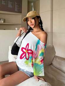 INAWLY 大尺碼女款花卉印花露肩休閒上衣 - 彩色 - 查看 3