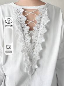 FRIFUL 女款純色蕾絲拼接鏤空露背T恤，白色，秋季優雅浪漫度假派對茶會穿搭 - 白色 - 查看 1