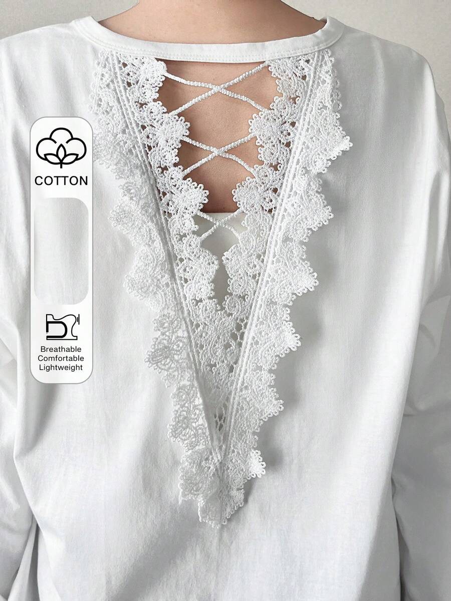 FRIFUL 女款純色蕾絲拼接鏤空露背T恤，白色，秋季優雅浪漫度假派對茶會穿搭 - 白色 - 查看 1