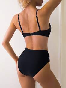 Swim Basics Summer Beach Round Ring Detail Spaghetti Straps Bikini Bathing Suit Set - Black - View 3
