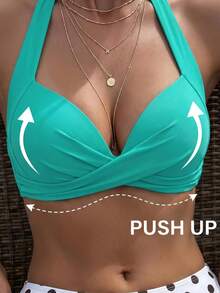 SHEIN Swim 适合夏季海滩的纯色吊带露背性感比基尼上衣 - 綠色 - 查看 7