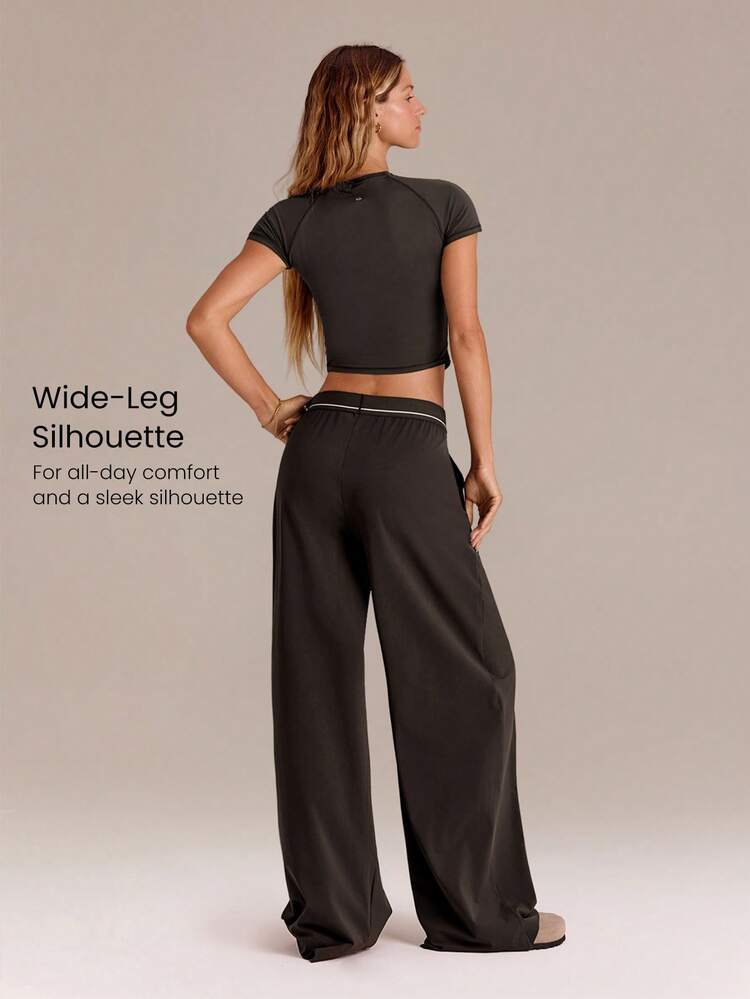 Quick-Dry Jacquard Elastic Waist Wide Leg Pants With Side Pockets Daily Casual Wear  Spring Summer