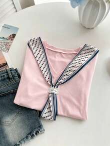 Franclia Women's Casual Vacation Knotted Collar Short Sleeve T-Shirt, Summer - Pink - View 5