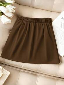 SHEIN LUNE Women's Khaki High Waist A-Line Mini Skirt,Asymmetrical Bow-Tie Decor Woven Fabric French Chic Style Skirt,All Shades Of Brown,Winter,Elegant,Office - Brown - View 2