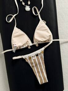 Swim Mod 女款新款條紋對比色紋理面料比基尼，貝殼織帶配件，貝殼比基尼泳裝套裝，適合海灘度假、約會、派對，時尚優雅性感比基尼，繫帶式比基尼 - 彩色 - 查看 2