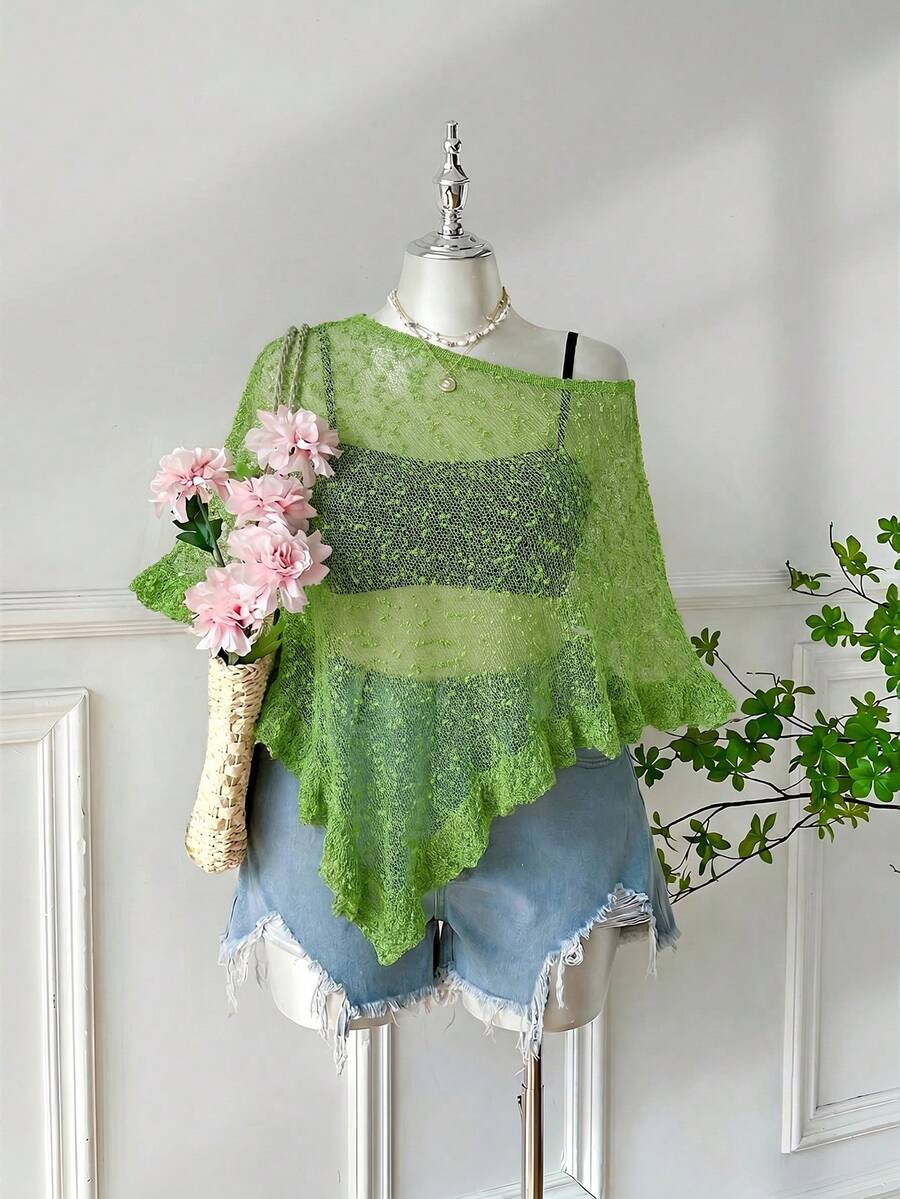 SHEIN EZwear 大码女式橄榄绿钩针编织披肩,荷叶边下摆,休闲半透明,适合外出和约会 - 軍綠色 - 查看 1