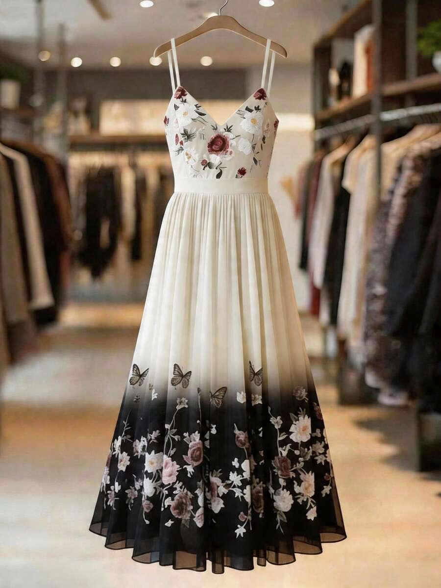 Franclia Đầm hai dây thanh lịch dành cho nữ, in họa tiết hoa, thích hợp mặc hàng ngày và đi nghỉ mát. - Đen và trắng - Xem 1